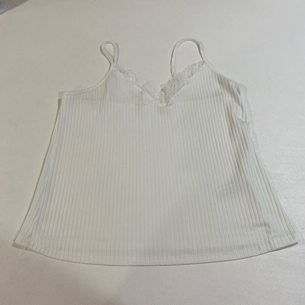 Ekouaer White Ribbed Lace Trim Cami Tank Top Size XL